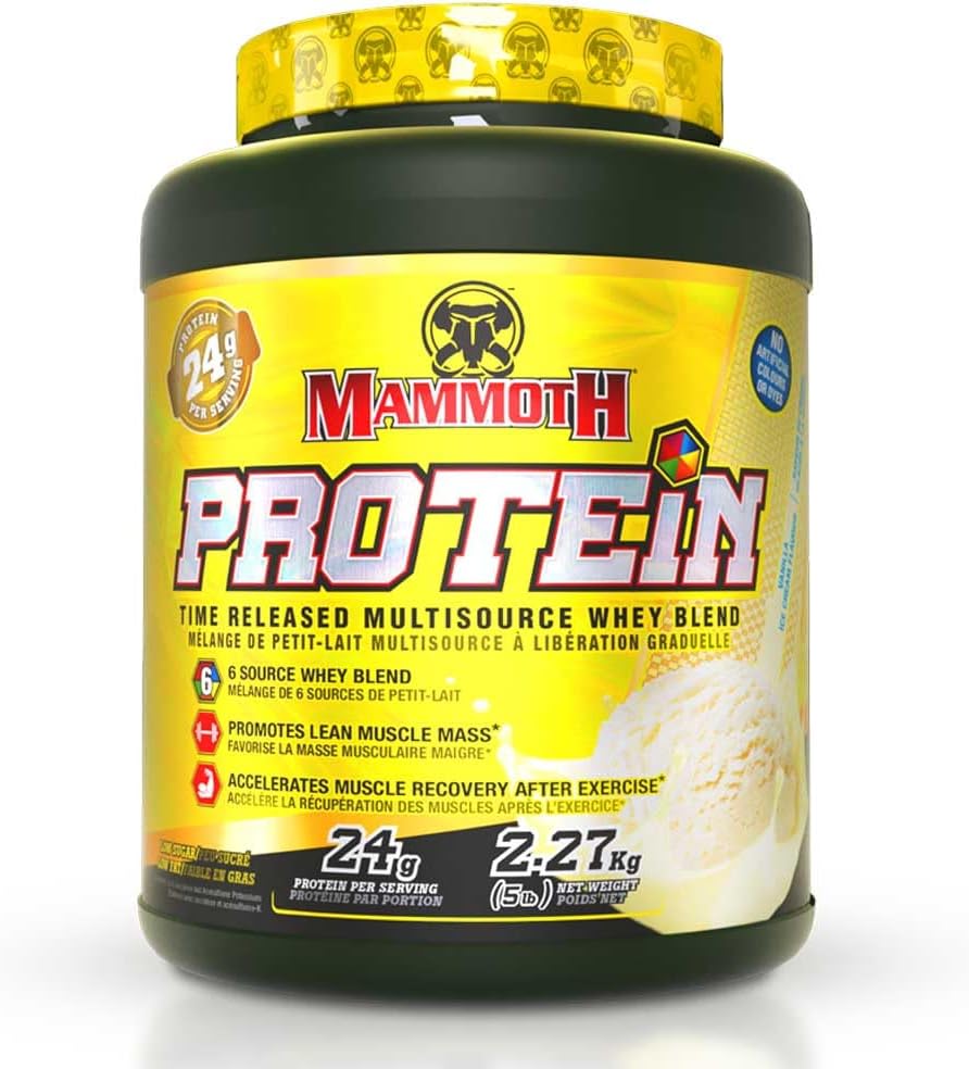 MAMMOTH PROTEIN POEDER, HOOG BESCHERMDE SCHAKEL, SUPERIOR TIME RELEASE FORMULA, WHEY PROTEIN CONCENTRAAT & ISOLATE, HYDROLYZED WHEY & MELK PROTEIN ISOLATE, CASEIN, 6 BIOPAVAILABILY DASOIL PROTEIN BRONEN, LAGE Slijpsuiker, Vanila, 5 LB