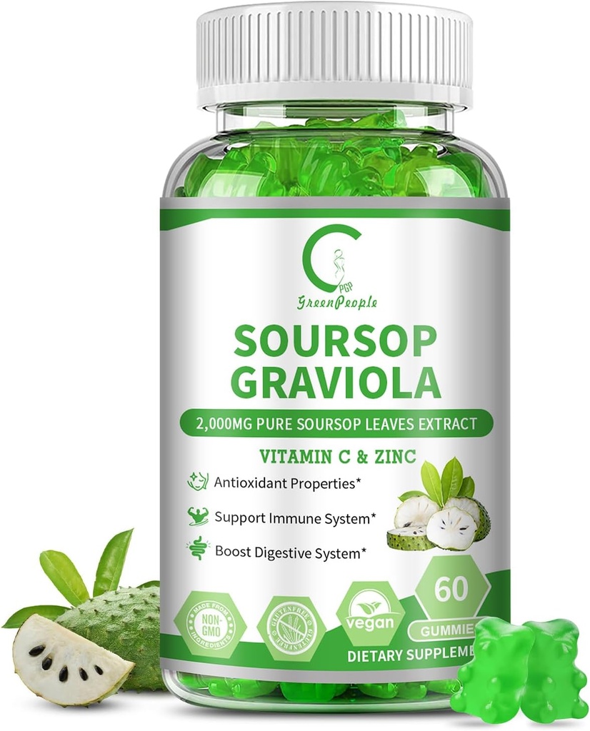 Soursop Graviola Gummies, Soursop Leaves Extract voor Energie Boost, Decompensative & Immune Support, Antioxidant Eigenschappen, Pure Sourop Fruit Gummies, Vegan, Non-GMO, 60 Telt
