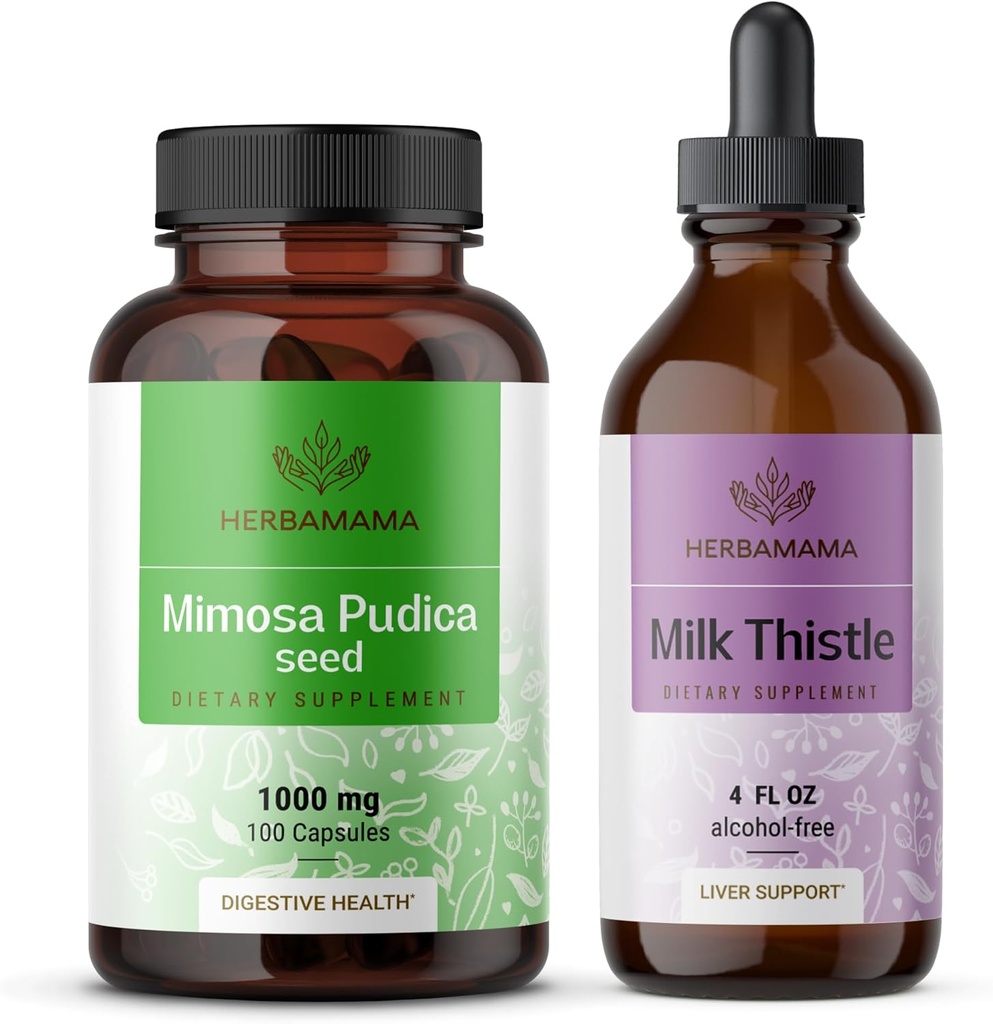 HERBAMAMA Mimosa Pudica and Milk Thistle Kit - Bundle of 1000 mg Mimosa Pudica Capsules & Milk Thistle Tincture 4 fl oz - Vegan, Non-GMO, Sugar & Alcohol-Free - 2 Pack