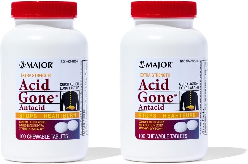 Grote zuur Gone Extra sterkte Antacida Kauwtabletten - Anti-Acid Relief - Acid Reflux Medicine voor volwassenen - Gestoorde maag, zuur Indigestie, en Heartburn Relief - Lang-Lasting - 100-Count (2 Pack)