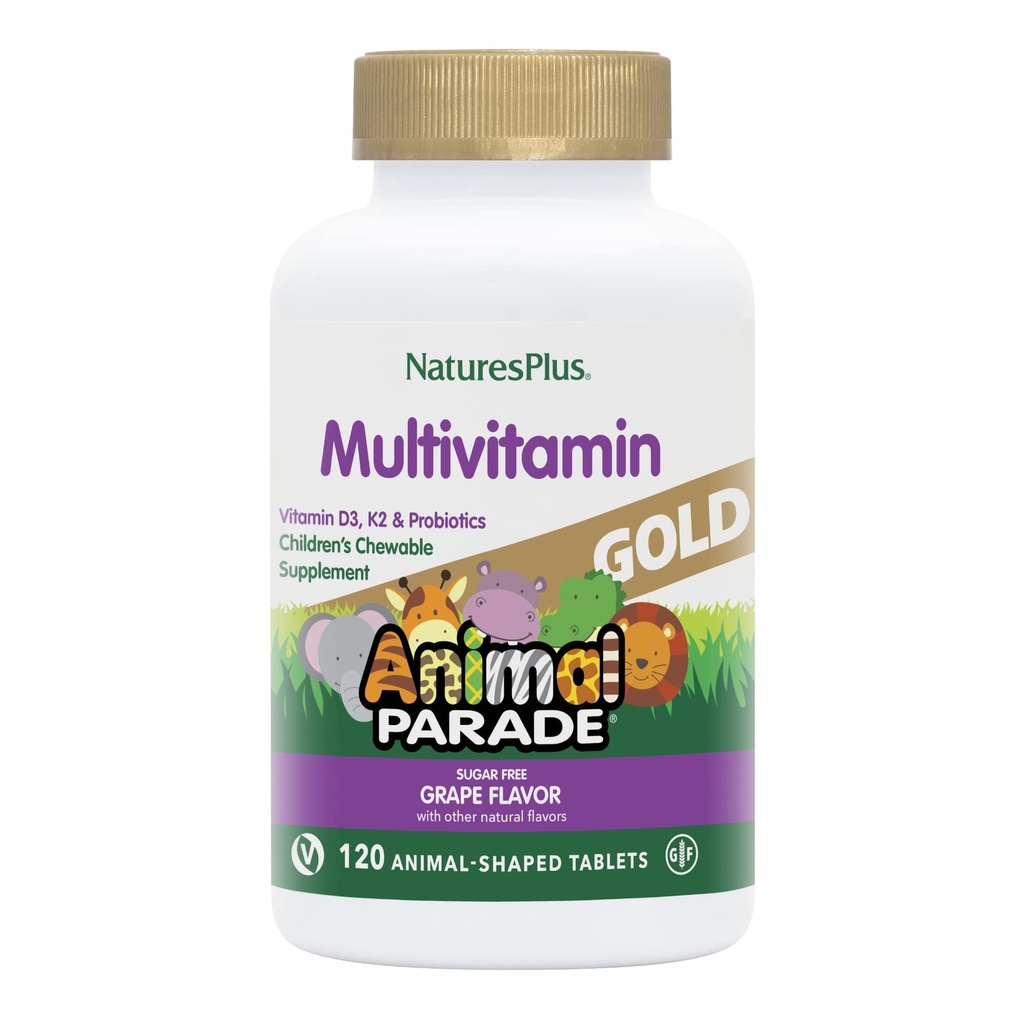 Natures Plus Animal Parade Gold Kinderen Multivitamine, druivensmaak - 120 Kauwbare dierlijke tabletten - Veganistisch, Glutenvrij - 60 porties