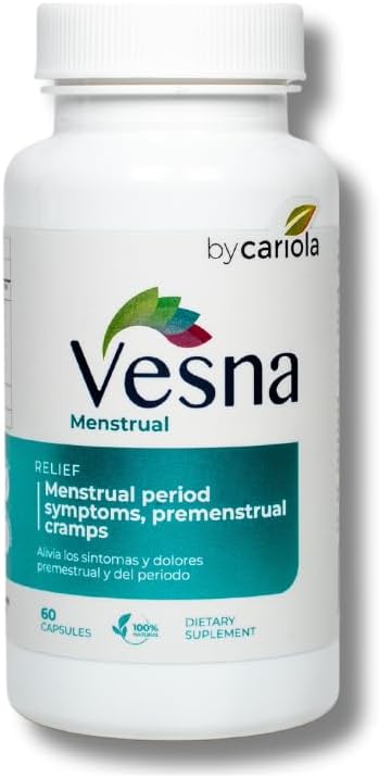 VESNA Menstrual Support Supplement Capsules - Menstrual Cycle Support - Mood Support - Cramps & Bloating Relief - Comfort Tijdens Menstrual Periode - Zwarte Cohosh - Duivels Klauw - Kurkuma - 60 Caps