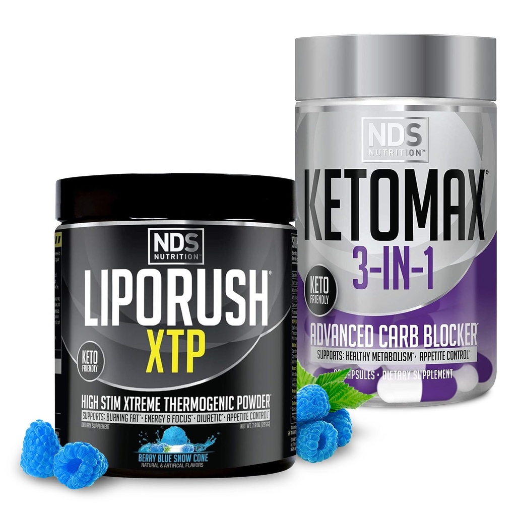 LIPORUSH NDS Nutrition XTP Thermogenic Blue Berry Snow Cone (45 Servings) and Keto-Max Advanced 3-in-1 Pills Carb Blocker Appetite Suppressant (90 Capsules)