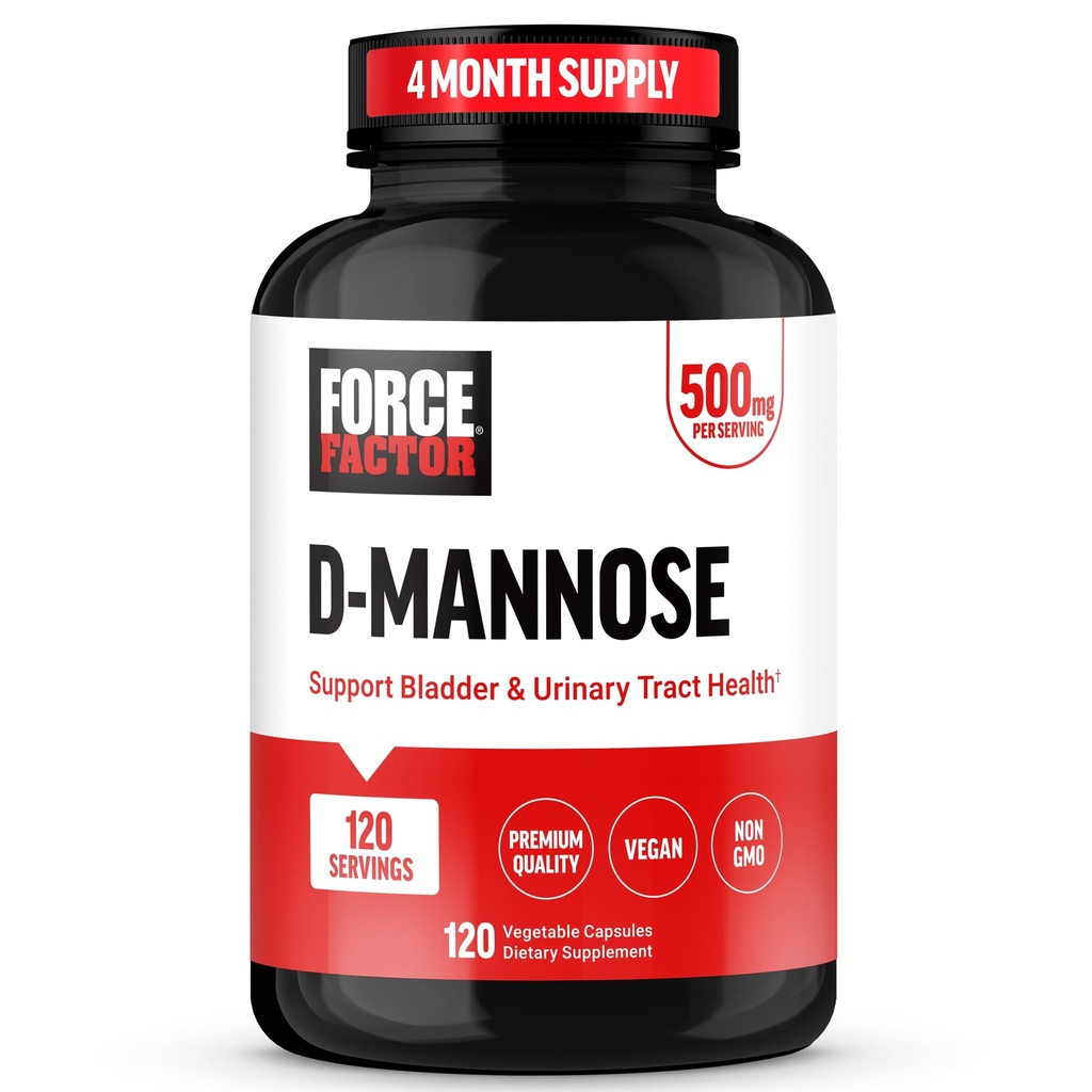 FORCE FACTOR D Mannose, D-Mannose 500mg supplement ter ondersteuning van urinetrek gezondheid voor vrouwen en mannen, Bladder controle supplementen, Premium Quality, Vegan, Non-GMO, 120 capsules