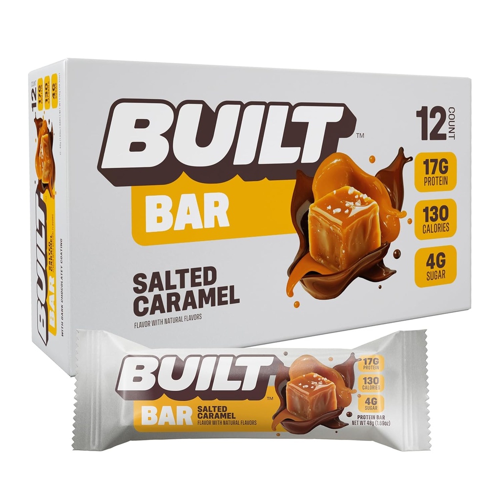 Built Bar, Protein Bars, 17g Protein Snacks, On-The-Go Bars with only 130 Calories & 4g Sugar, Salted Caramel, 12 Count