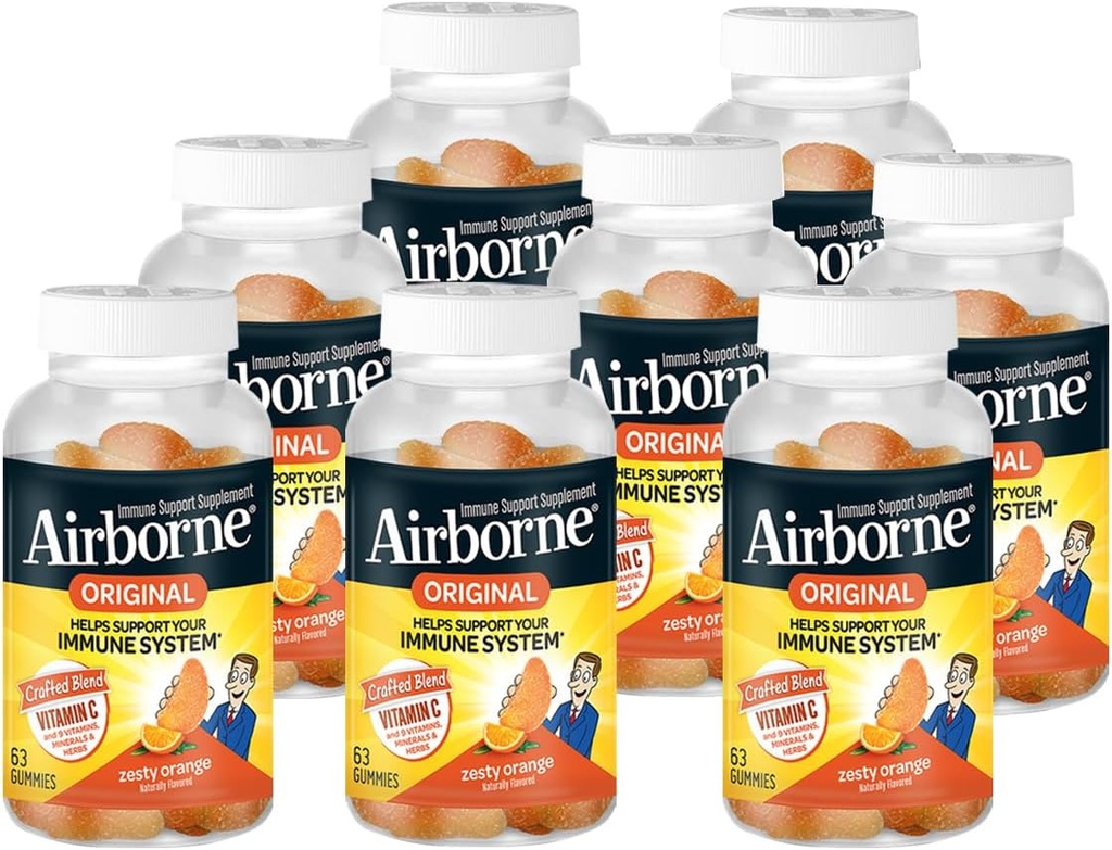 Airborne 750 mg Vitamine C Immuun Ondersteuning Supplement Gummies voor volwassenen, Zesty Orange Smaak, Glutenvrij Gemaakt Blend met Krachtige Antioxidanten Vitaminen A C & E, 63 Gummies (8 Pack)