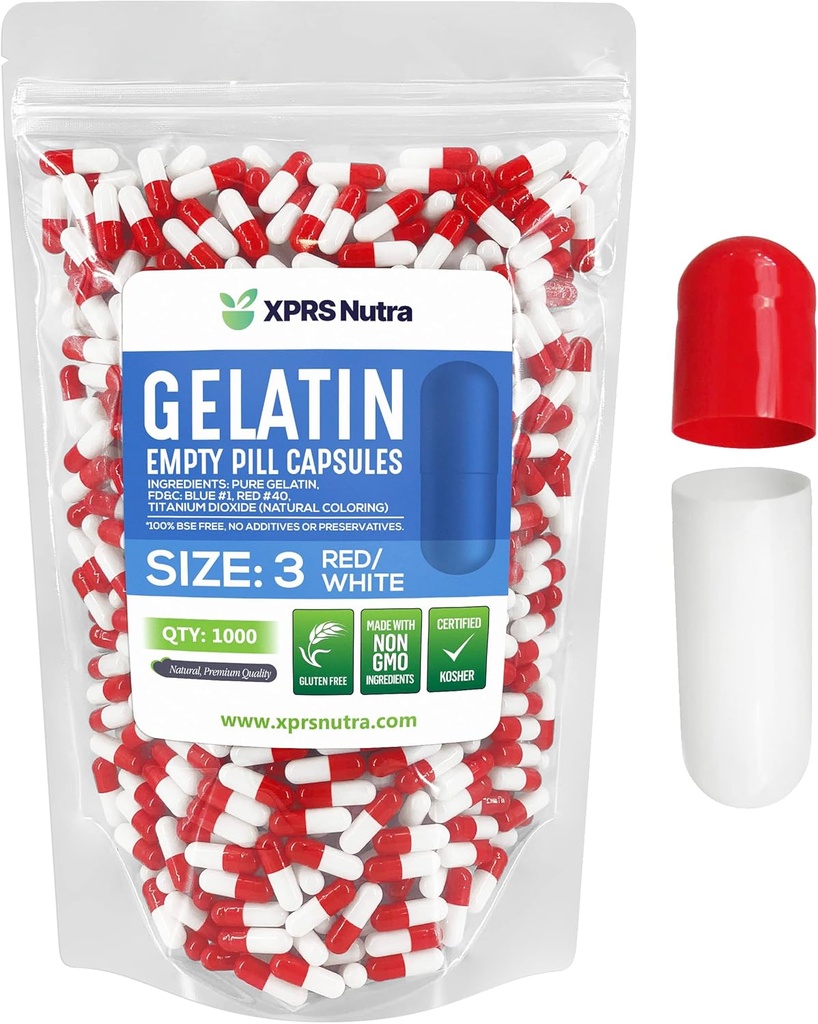 XPRS Nutra Maat 3 Lege Capsules - 1000 Telle Lege Gelatine Capsules - Pillen DIY Capsule vullen - Pure Bovine Pill Gel Caps Vulbaar voor Do-It-Yourself Vitaminen en Supplementen (Rood/Wit)