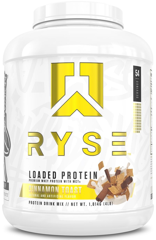 RYSE Loaded Protein Powder - Cinnamon Toast - 25g Whey Protein Isolate & Concentrate with Prebiotic Fiber & MCTs - Low Carb, Low Sugar, Digestive-Friendly - 54 Servings / 4 lb Tub