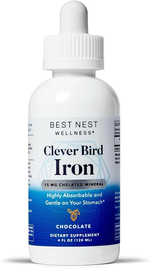 Best Nest Wellness Liquid Iron - Brain Health Support Supplement with Albion Taste-Free Iron - Aids Energy & Red Blood Cell Production - Bioavailable Iron Formula - Chocolate, 4 fl oz (120 Servings)