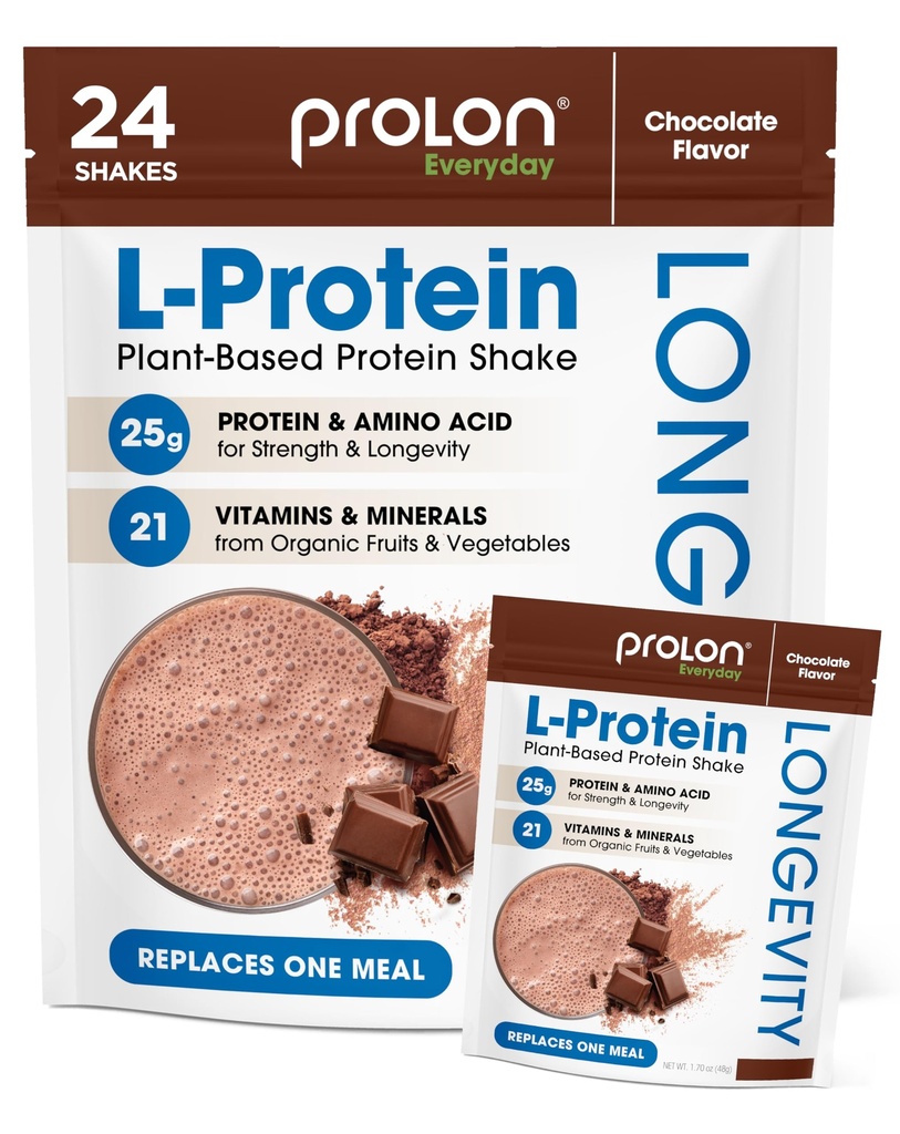 ProLon Longevity Plant Based Protein Powder | Muscle Synthesis & Repair, Healthy Aging, Boost Performance | Vitamins, Gluten Free, Amino Acids, Antioxidants | 25g of Protein | Chocolate, 24 Packets