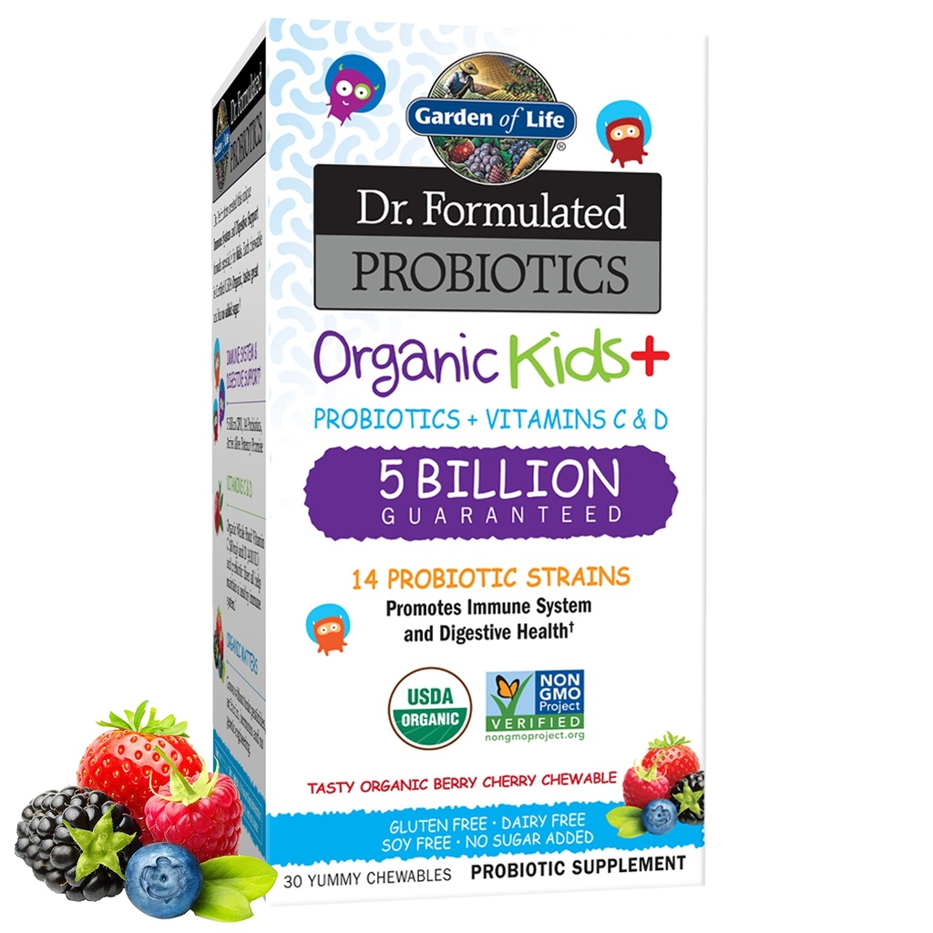 Garden of Life Kids Probiotica, Dr. Formulated Probiotics Biologische Kids+ Vitamine C & D, Berry Cherry, Gluten Dairy & Soy Free Immune & Digestief Health Supplement, 30 Kauwtabletten