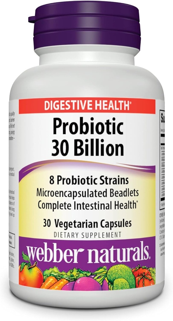 Webber Naturals Probiotics, High Potency, 30 Billion CFU, for Men, Women, and Adults, Shelf Stable (No Refrigeration Required), 8 Probiotic Strains, 30 Vegetarian Capsules, for Digestive Health