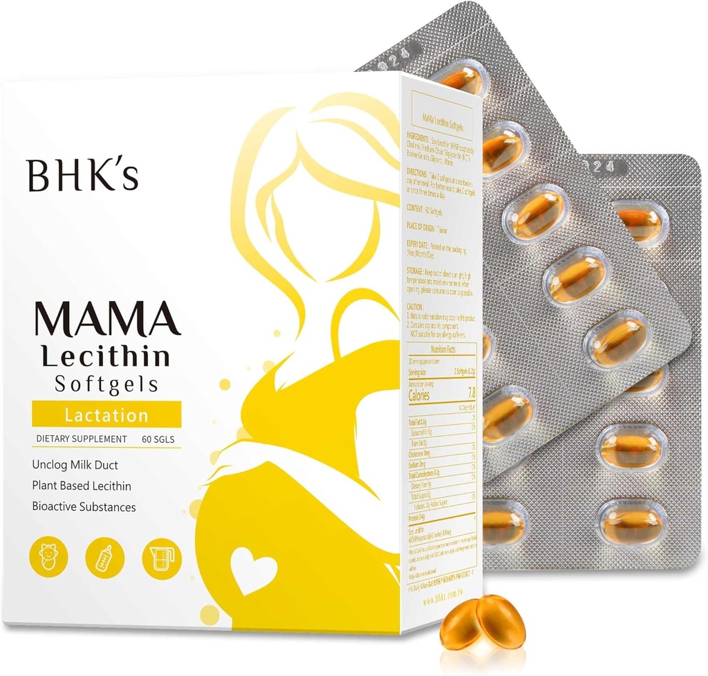 BHK's Mama Lecithin Softgels, Unclog Borstproducten voor Smoother Borstvoeding, Supplement voor de zwangerschap, Vermijd Clogged Melkproducten, 60 softgels, 2-Week Supply