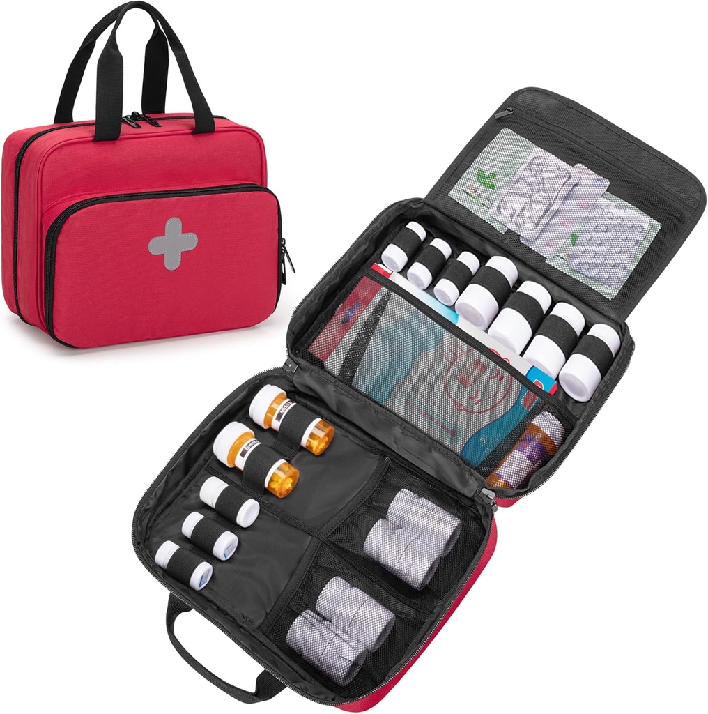 CURMIO Pill Fles Organizer Portable Medicine Bag, Lockable Prescription Fles opslag voor pil flessen, vitamines, medische supplementen voor thuis opslag en reizen, rood (Leeg medicijn zak)