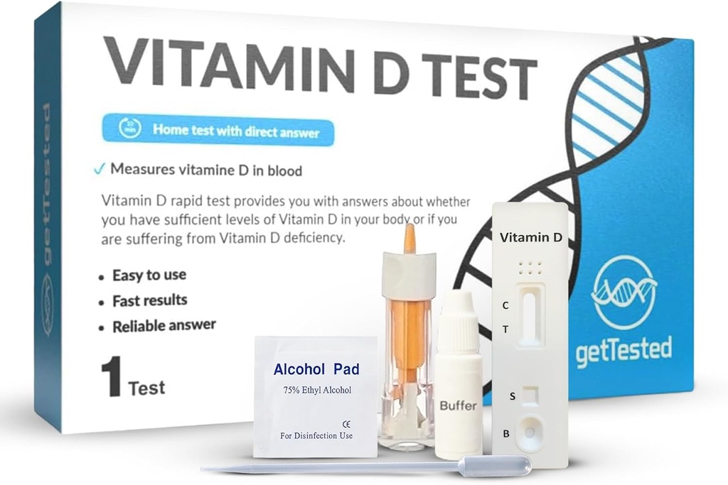 getTested Vitamine D Test Kit thuis - Zelftest voor vitamine D Deficiëntie - Snelle, nauwkeurige resultaten - Eenvoudig te gebruiken - Geen lab vereist - Inclusief Lancet Buffer Cassette - Finger Prick Blood Test