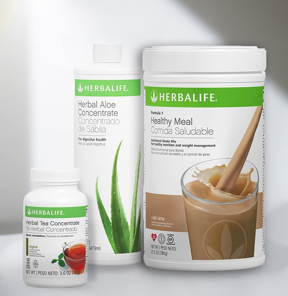Trio Combo HERBALIFE Formule 1 Gezonde voedingsshakemix (Cafe Latte 780g) - Herbal Aloe Concentrate Pint (Original 473ml) - Kruidentheeconcentraat (Original 102g)