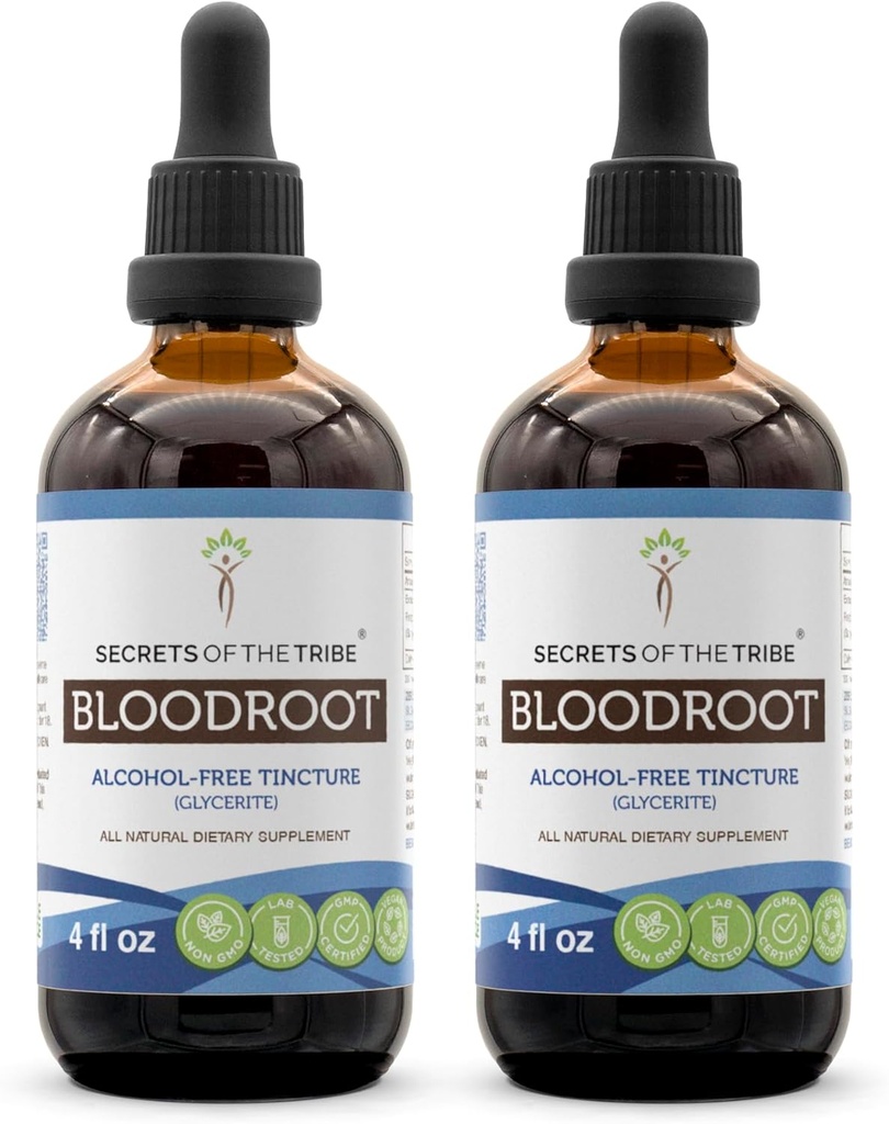 Geheimen van de stam Bloedwortel Alcoholvrije Tinctuur Extract, Responsibly gekweekte Bloedwortel (Sanguinaria Canadensis) Gedroogde Wortel (2x4 fl oz)