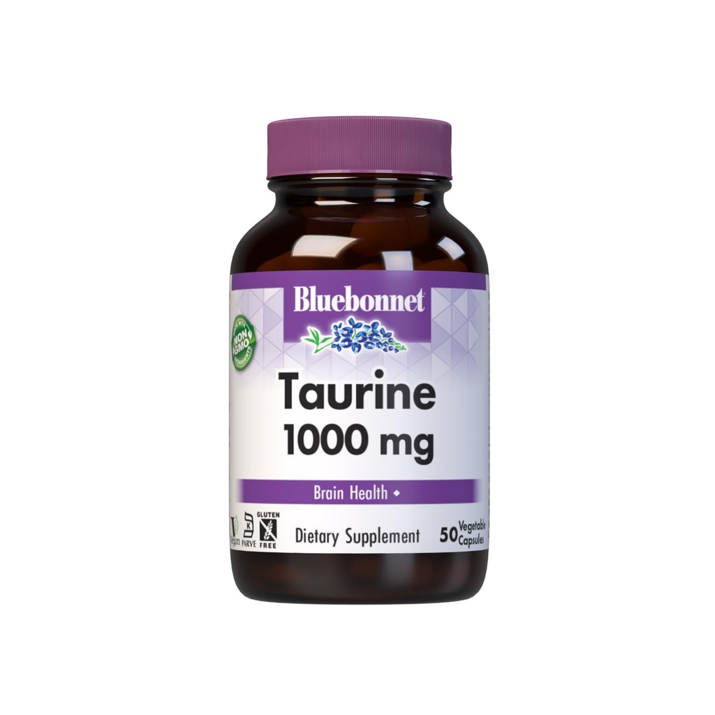 Bluebonnet Nutrition Taurine 1000 mg, Zenuwstelsel Gezondheid*, Non-GMO, Vegan, Kosher Gecertificeerd, Glutenvrij, Sojavrij, 50 plantaardige capsules, 50 porties