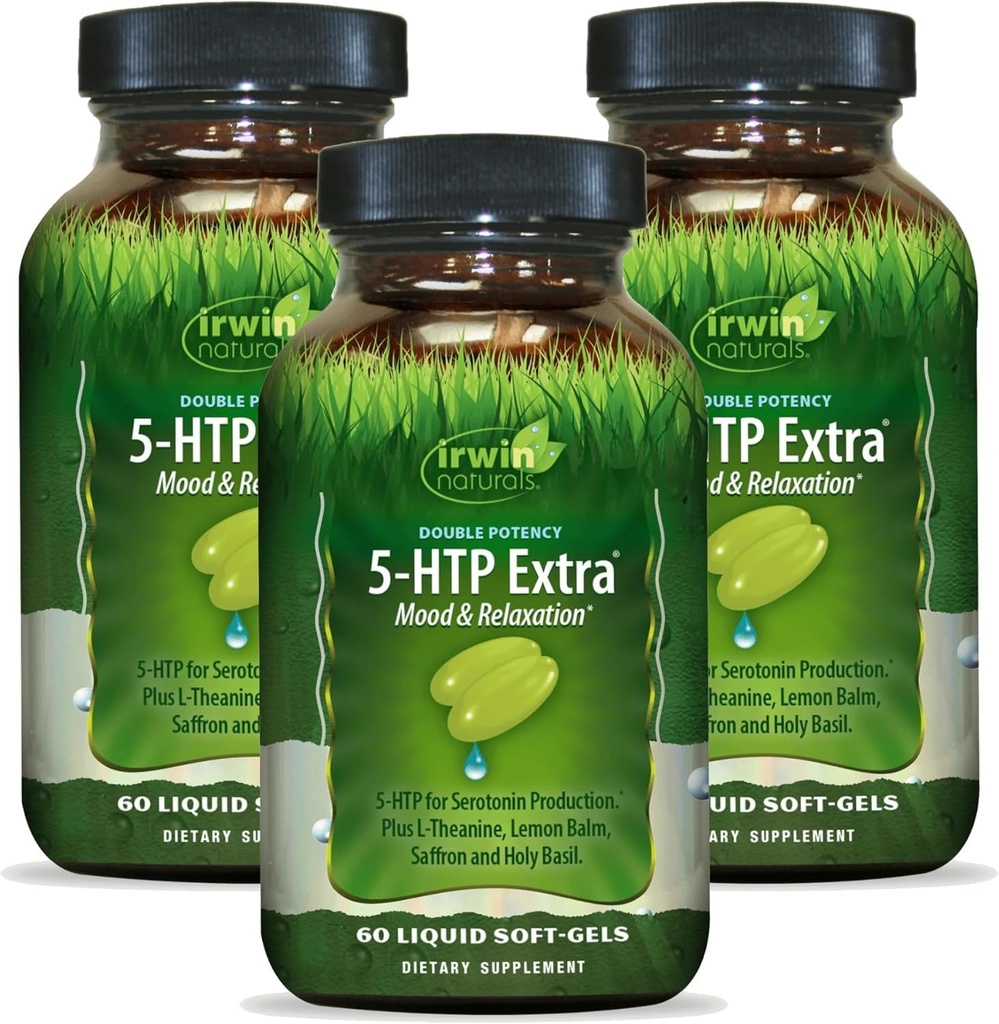 Irwin Naturals Double Potency 5-HTP Extra - 60 Liquid Soft-Gels, Pack of 3 - for Relaxation & Serotonine Production - 90 Total Servings