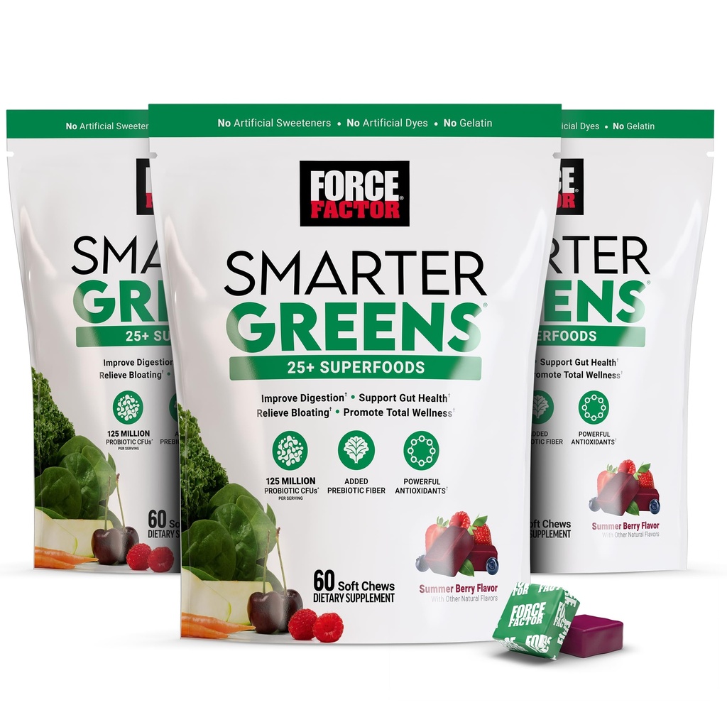 FORCE FACTOR Slimmere Groenen Superfood Kauwen, 3-Pack, Groenen en Superfoods met Probiotica, Antioxidanten en Vezel, Groenen supplement ter ondersteuning van digestie, Nitric Oxide, en energie, 180 Kauwen