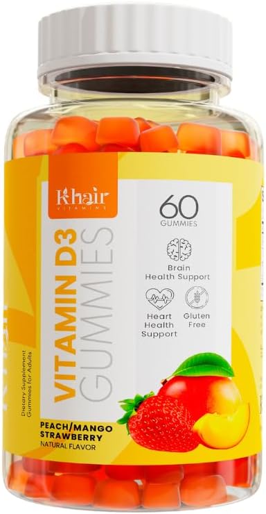 Khair Halal Vitamin D3 Gummies for Bone & Muscle Support - Non-GMO, Gluten & Gelatin Free, Vegetarian, Halal-Certified, Natural Mango, Peach & Strawberry Flavors - 60 Gummies