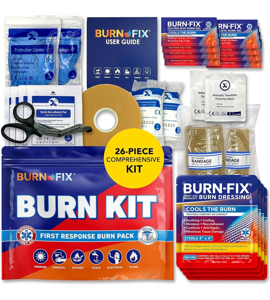BurnFix® Burn Kit Eerste hulp voor brandwonden Noodgeval 26-Piece Burn Behandeling met koelen Gel, Dressings & Handschoenen ...Keuken, Zonnebranden, Chemische & Scald Release Home, Office, Reizen