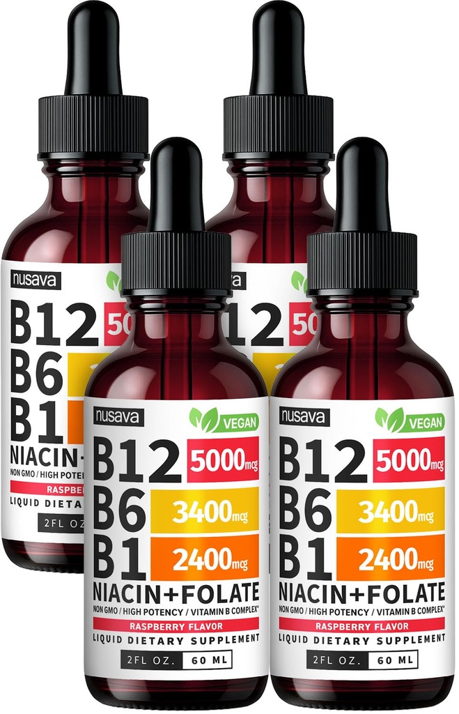 (4 verpakkingen) Vitamine B12 en B6 Liquid Drops, B12 Sublingual Vitamin B Complex - B 12 Vitamine 5000mcg - B12 Methylcobalamine voor energie, hersenen en hart ondersteuning met 27,200 mcg, Aardbei, 80 porties