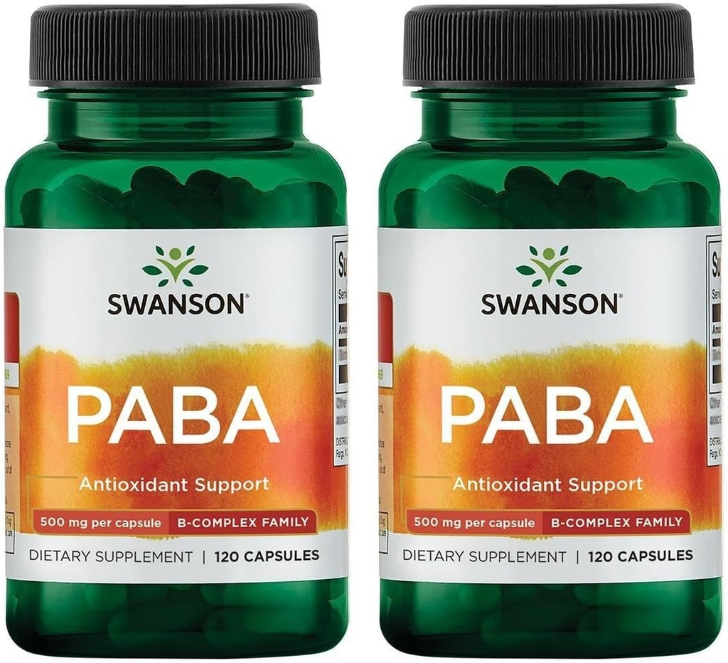 Swanson PABA - Krachtige B Complex ondersteuning van rode bloedcelvorming - Foliumzuurcomponent die de levering van zuurstof aan cellen en huidgezondheidsondersteuning - (120 capsules, 500 mg elke) (2 Pack)