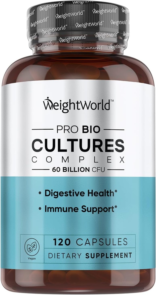 GewichtWorld Bio Cultures Complex - Probiotic for Women & Men - Third-Party Lab Tested - 120 Vegan Capsules (2 maanden aanbod) - 60 miljard CFU met 20 Probiotische Strains - Vegan, Non-GMO & Glutenvrije