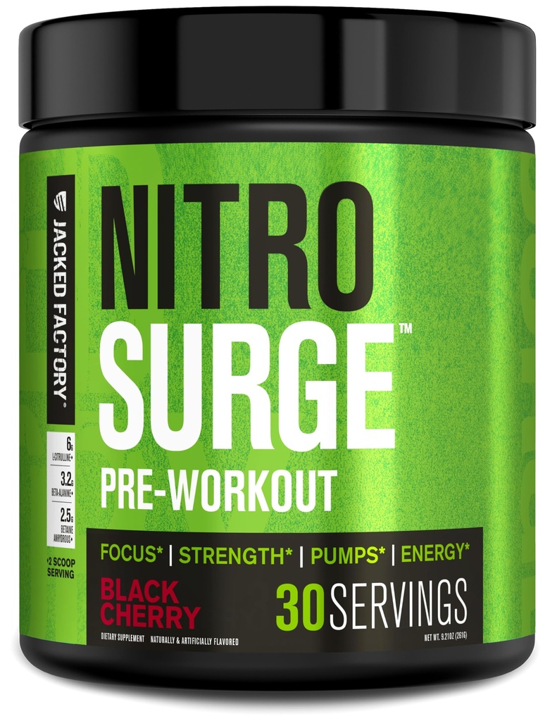 Gejackte fabriek NITROSURGE pre-workout supplement - eindeloze energie, instant kracht winsten, duidelijke focus en intense pompen - NO Booster en krachtige preworkout energiepoeder - 30 porties, zwarte kersen