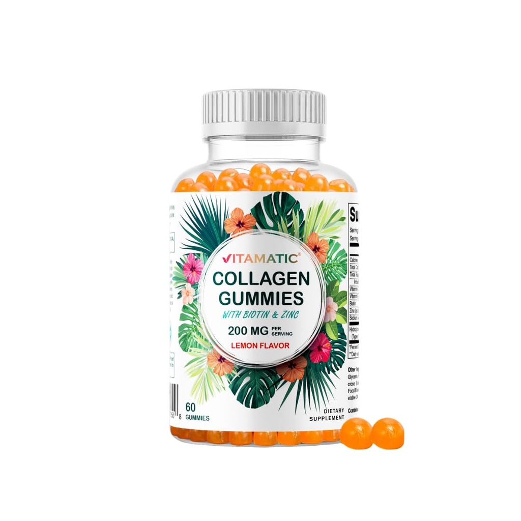 Vitamatic Gehydrolyseerde Collageen Gummies met vitamine C, zink en biotine, 200 mg - Gezonde huidondersteuning - 60 Gummies