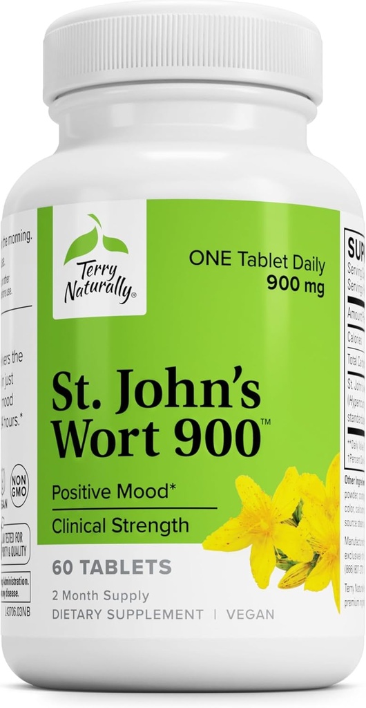 Terry natuurlijk Sint-Janskruid 900-60 tabletten - Biedt volledige klinische dosis - Non-GMO, Veganist, Glutenvrij - 60 porties