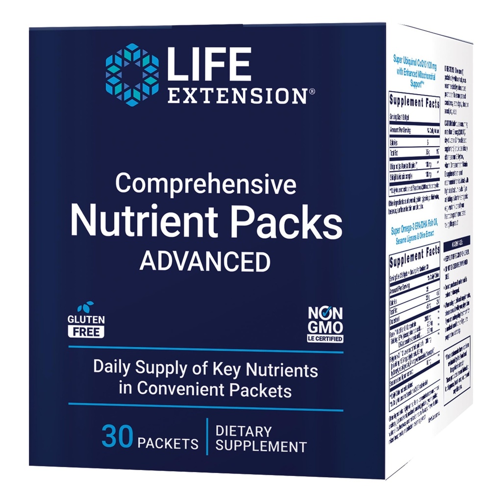 Life Extension Comprehensive Nutrient Packs Advanced, Curcumin, Fish Oil, multivitamine, CoQ10, multis en supplementen, 30 on-The-go Packets, Glutenvrij, Non-GMO