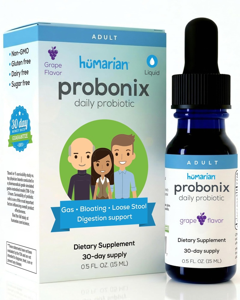 Probonix Humarian Liquid Probiotics voor volwassenen - 12-stam Probiotic Drops to Fortify Gut Health, Immunity and More - 30-Day Supply - Delicious Grape Flavor