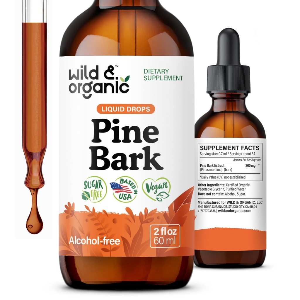 Wild & Organic Pine Bark Extract Tinctuur - Antioxidant Support - Pinus Pinaster Supplementen - French Maritime Bark Liquid Drops - 2-maand supply - Vegan, Alcohol & Sugar-Free - 2 fl oz