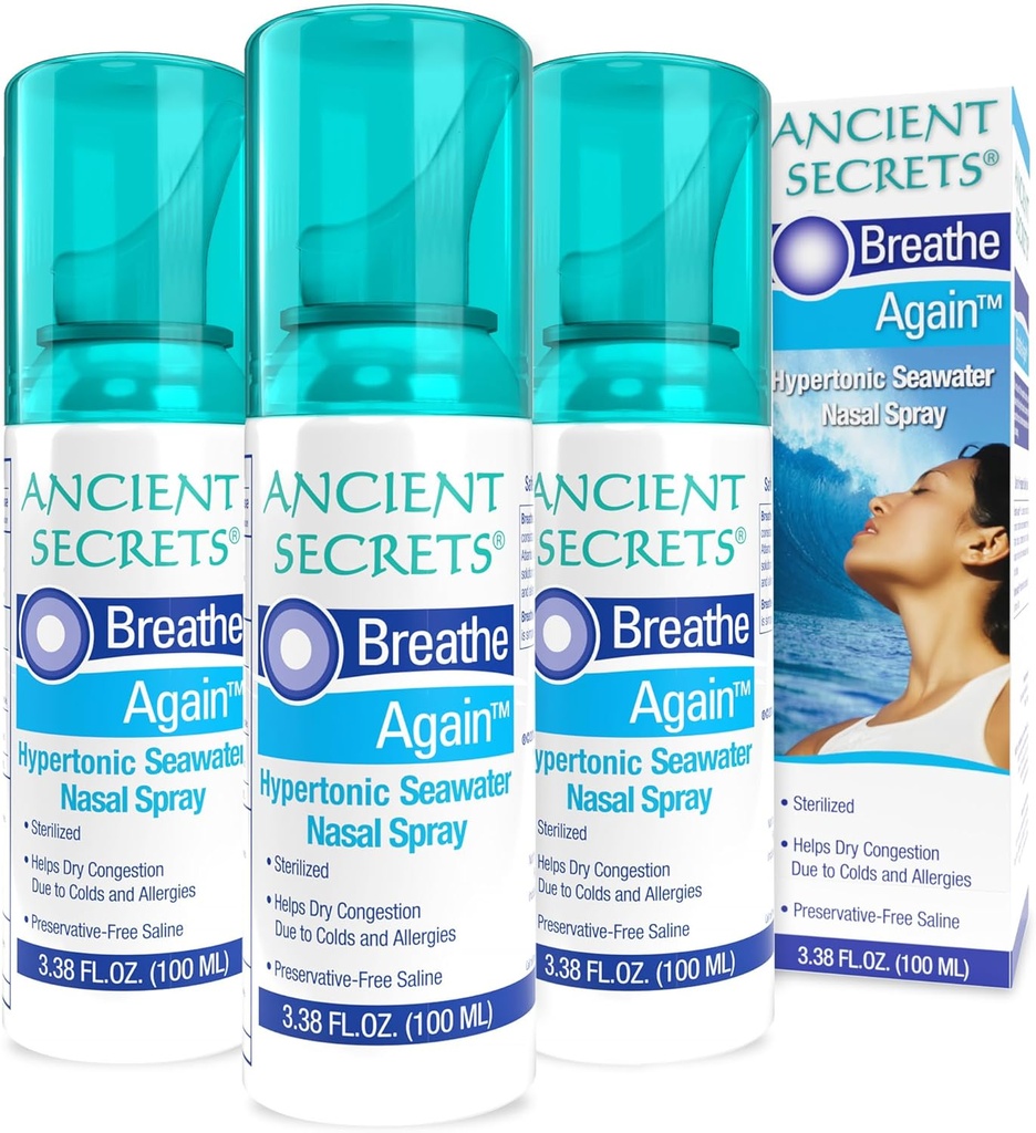ANCIENT SECRETS Saline neusspray - adem opnieuw Hypertonic Seawater neusspray, Allergie & Sinus Relief, neuscongestie Moisturizer, 3,38 Fl Oz (pakket van 3)