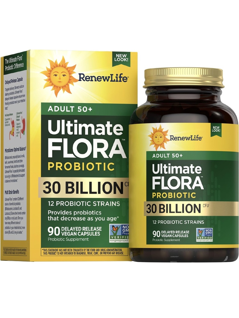Renew Life Probiotic Adult 50 Plus Probiotic Capsules, Daily Supplement ondersteunt urine-, spijsverterings- en immuungezondheid, L. Rhamnosus GG, Dairy, soja en glutenvrij, 30 miljard CFU, 90 Tel.