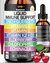 Zinc Quercetin Vitamin C D3 Liquid Immune Support with Vitamin A K2 Echinacea Chlorophyll and Elderberry - 9in1 Immune Defense Drops Complex for Immunity Health Respiratory Health - 60 Servings