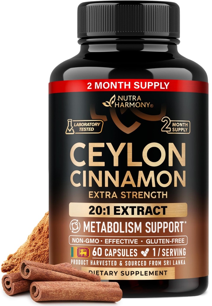 Ceylon Cinnamon Capsules - Extra sterkte - Energie Hart en stofwisseling Ondersteuning voor mannen en vrouwen - Pure natuurlijke kaneel 20:1 Extract supplement - GGO & Glutenvrij - Made in USA - 60 capsules 2 maand
