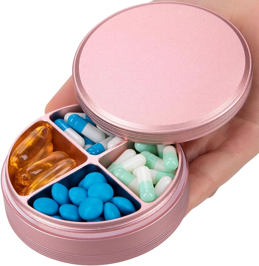Metal Pill Organizer 4 Compartments - Portable Travel Pill Case Daily, Waterproof Pill Box for Purse, Compact Pill Holder Medicine Container Dispensers for Vitamin Cod Liver Oil Supplement Pink