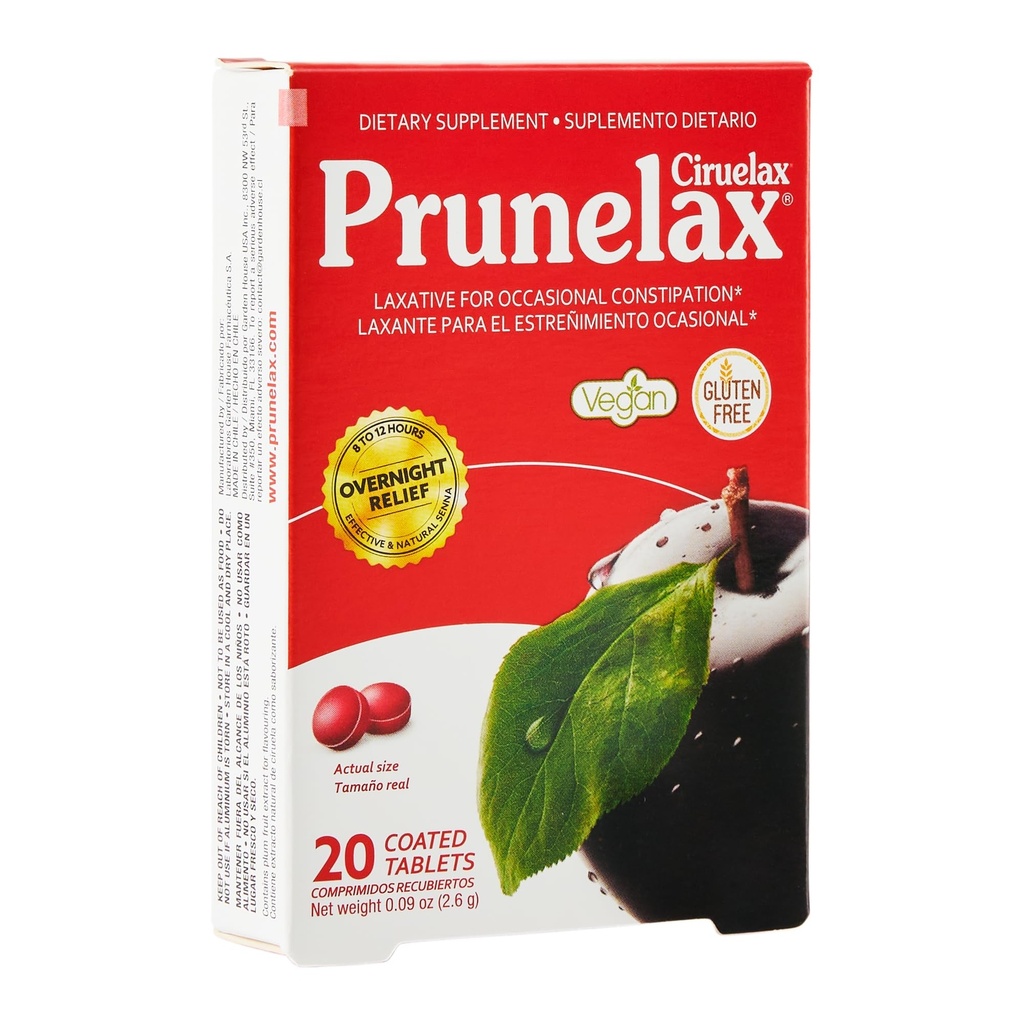 Prunelax Ciruelax Regular Strength Laxative Mini Tablets - Overnight Relief for Occasional Constipatie, Senna Extract, Vegan & Gluten-Free, Gentle Relief - 20ct