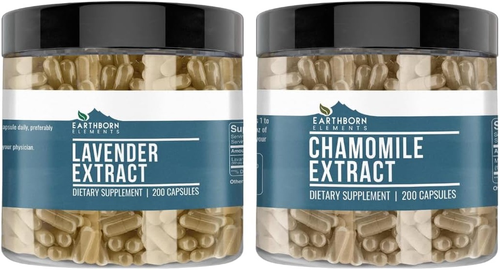 Earthborn Elements kamilleextract en lavendelextractbundel, 200 capsules, zuiver en onverdund, geen additieven