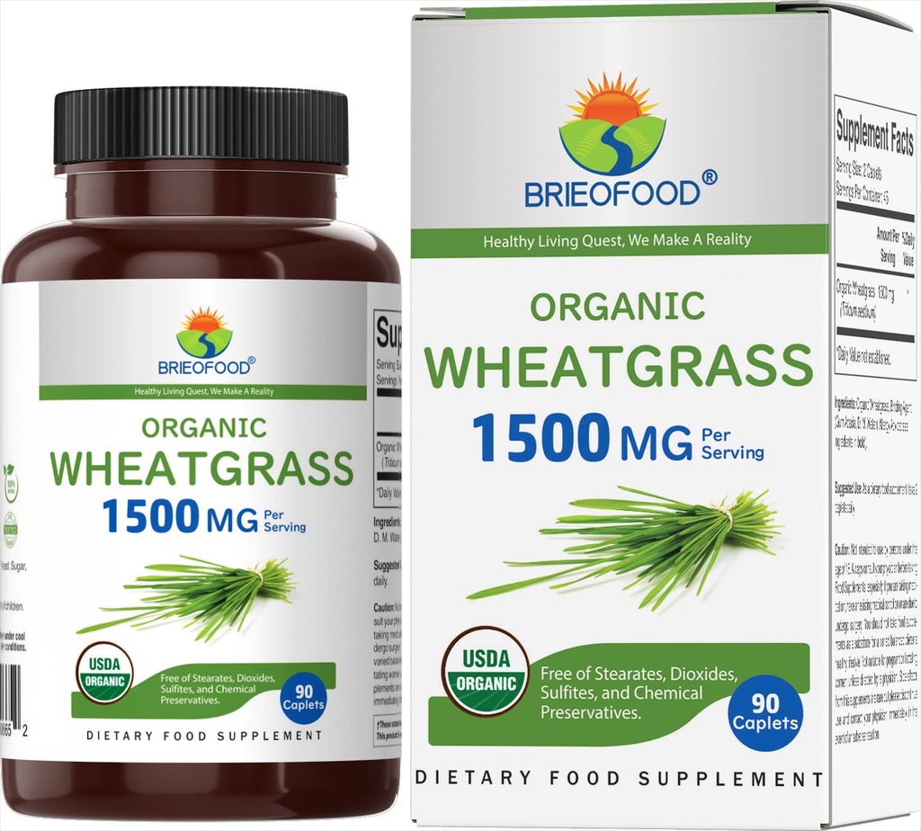Brieofood Biologische Tarwegras 1500mg, 45 porties, Vegetarisch, Glutenvrij, 90 Vegetarische tabletten