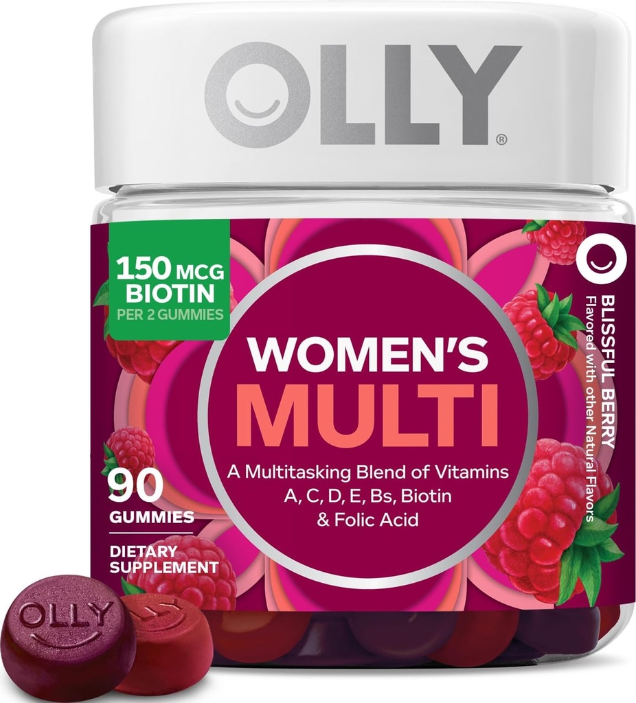 OLLY Vrouwen Multivitamine Gummy, Vitaminen A, D, C, E, Biotine, Foliumzuur, Volwassen Kauwbare Vitamine, Berry smaak, 45 dagen levering - 90 Tel.