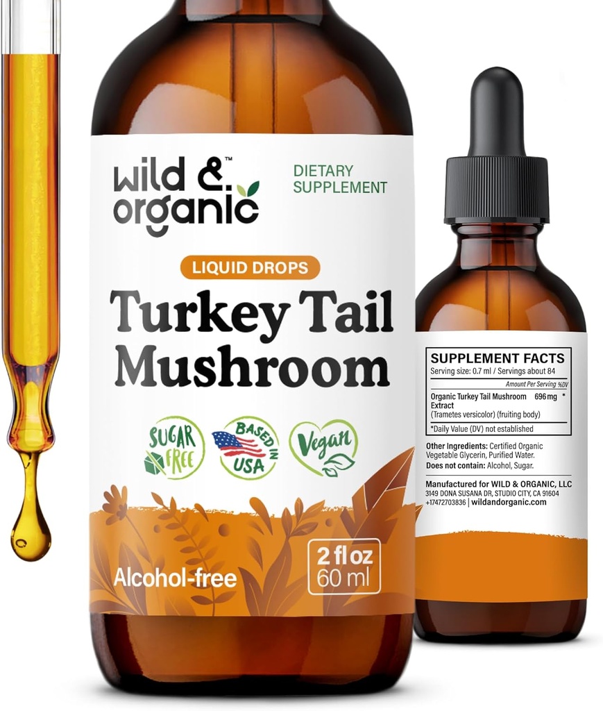 Wild & Organic Turkey Staart Tinctuur - Immune & Gut Support - Turkije Staart Paddestoel Extract Drops - Vegan, Sugar & Alcohol-Free Liquid Supplement - 2 floz