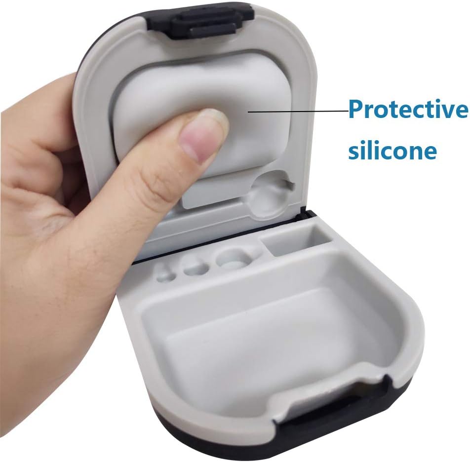 Hoorhulp geval met batterij opslag Slot Hard Small 0.59"*2.44"*1.57", Silicone Kussen, voor ITE, BTE Hoortoestellen (zwart)