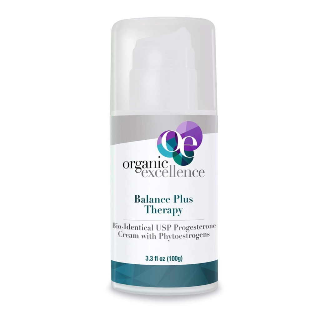 Organic Excellence Balance Plus Therapy - USP Bioidentic Organic Progesterone Cream for Women - with Fytostrogens - for Menopauze Relief and Natural Hormone Balance, 3,3 fl oz (100g)