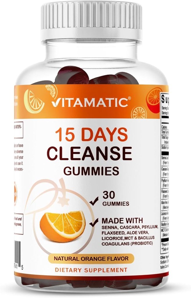 Vitamatic 15 Day Cleanse Gummies, Senna, Cascara, Psyllium, Vlaszaad, Aloë Vera, Licorice, MCT, Probiotic