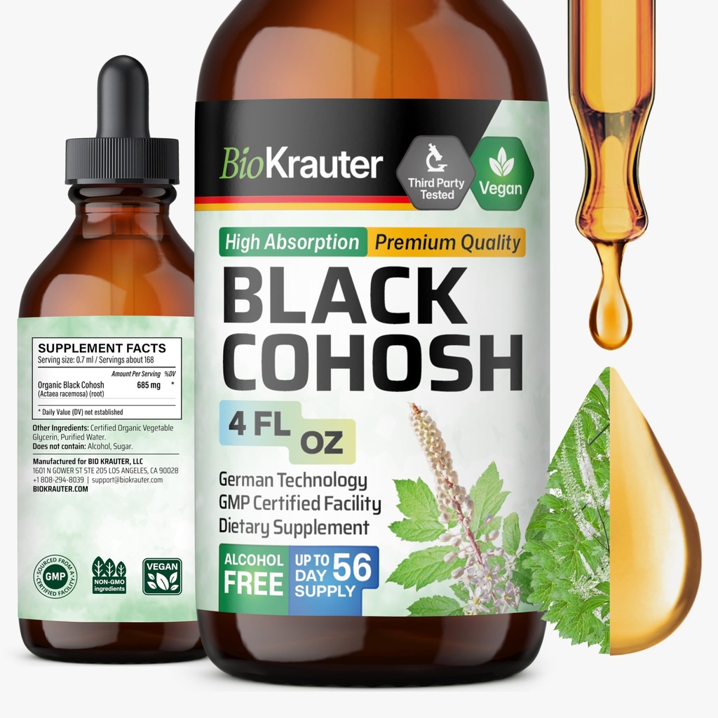 BIO KRAUTER Black Cohosh Tinctuur - Vegan Black Cohosh Supplementen Vrouwen Ondersteuning - Alcohol en Suiker Gratis - 4 Fl.Oz.
