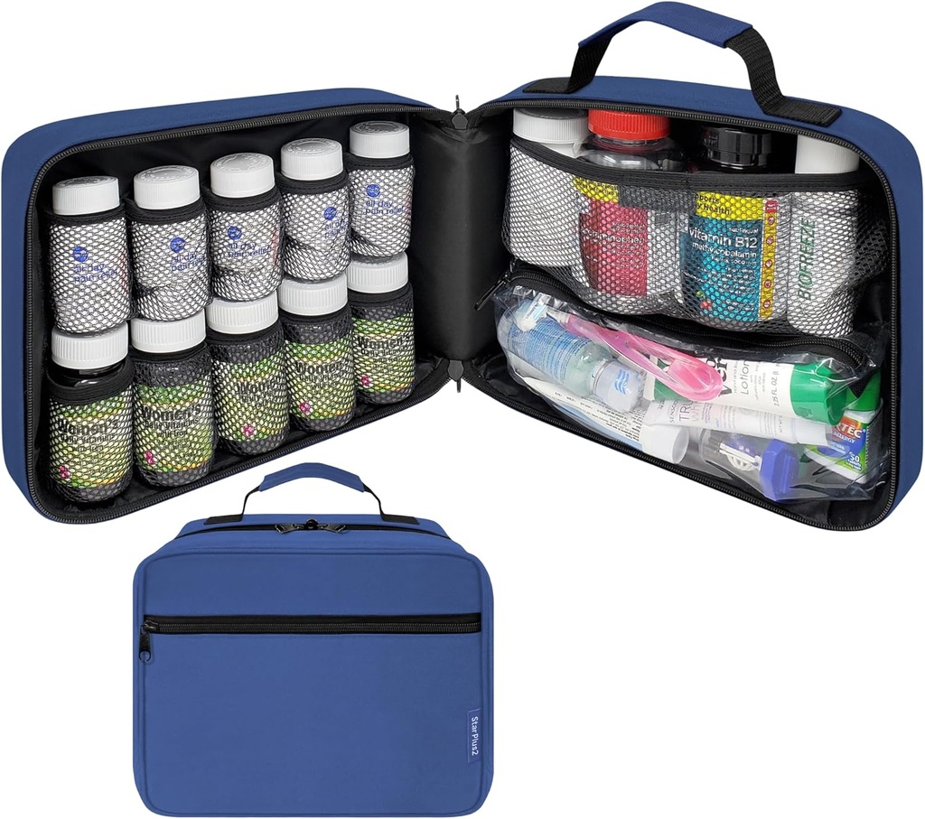 Grote gewatteerde pil Flessen Organisator, Medicine Bag, Case, Carrier voor Medicijnen, Vitaminen, en Medical Supplies - Travel Medicine Organizer en Home Storage Med Bag - Blauw (Zonder slot)
